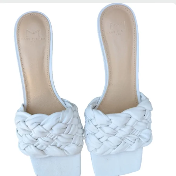 Marc Fisher Draya Braided Leather Mule Sandals White Size 8.5 Heels Heels